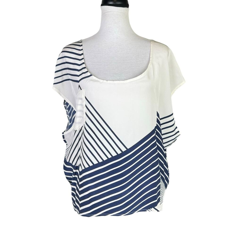 Myne Ashley Ann 100% Silk Navy & White Geometric Stripe Oversized Relaxed Top